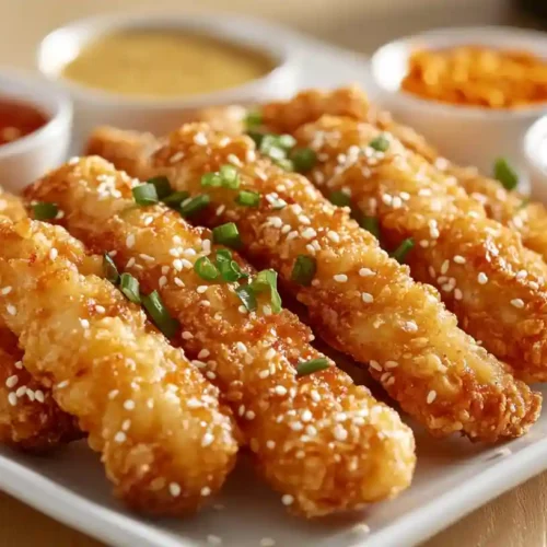 Chinese Chicken Fingers: The Ultimate Crispy Asian Chicken Recipe You’ll Love 7 Plate of crispy Chinese chicken fingers garnished with sesame seeds and scallions, served with dipping sauces