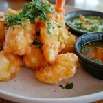 Golden crispy rock shrimp tempura on a white plate with creamy spicy sauce and ponzu dipping bowl garnished with green herbs