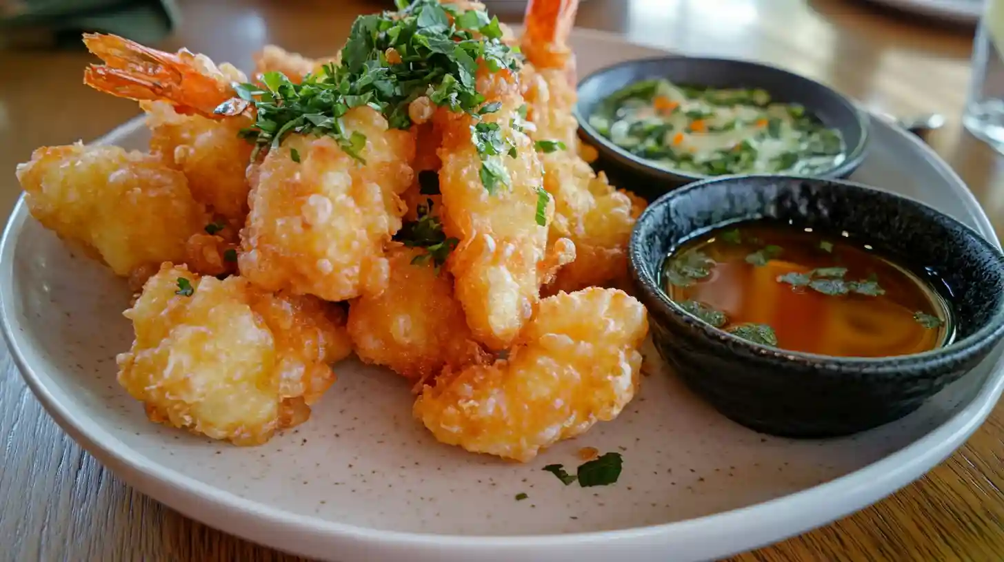 Golden crispy rock shrimp tempura on a white plate with creamy spicy sauce and ponzu dipping bowl garnished with green herbs