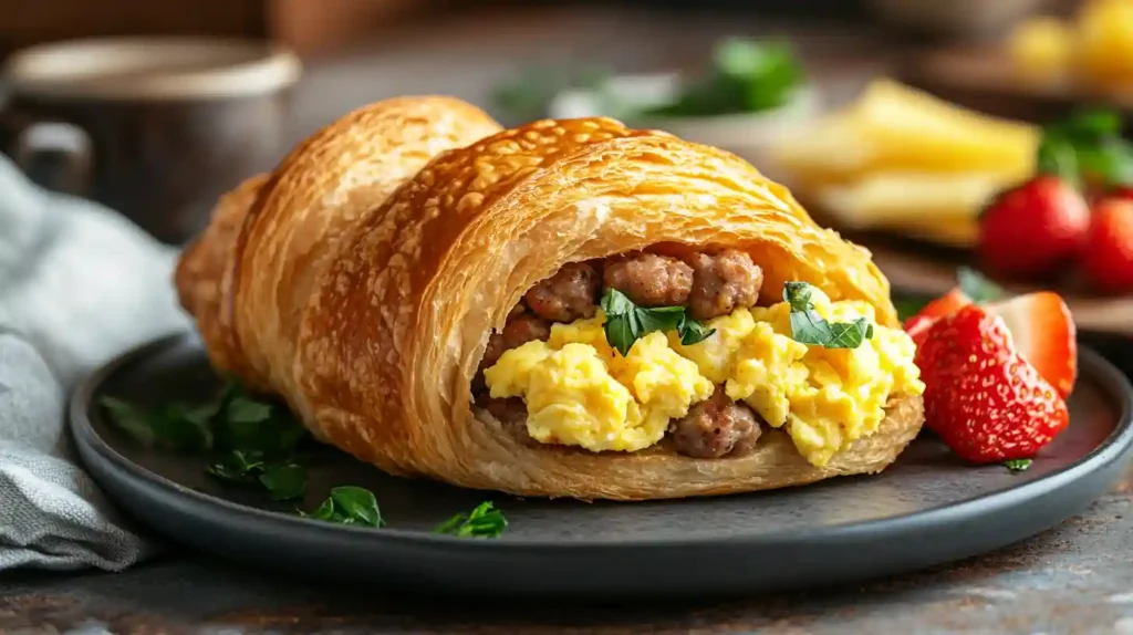 Breakfast Croissant Recipe Easy Brunch Ideas & Bakes 1 A delicious breakfast croissant recipe featuring a flaky croissant filled with scrambled eggs, cheese, and sausage, served with fresh fruit.