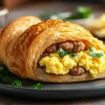 Breakfast Croissant Recipe Easy Brunch Ideas & Bakes 14 A delicious breakfast croissant recipe featuring a flaky croissant filled with scrambled eggs, cheese, and sausage, served with fresh fruit.