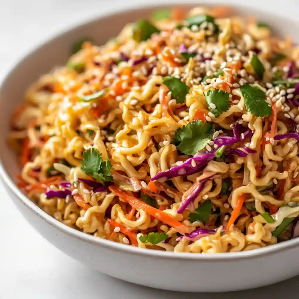 Best Asian Coleslaw Recipe (Simple, Sweet, Crunchy) 6 Toasted ramen noodles and sesame seeds topping Asian coleslaw recipe in modern white bowl