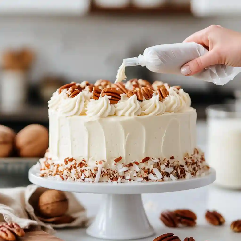 Best Italian Cream Cake You’ll Ever Bake 8 Piping decorative frosting on Italian Cream Cake with toasted pecans and coconut nearby.