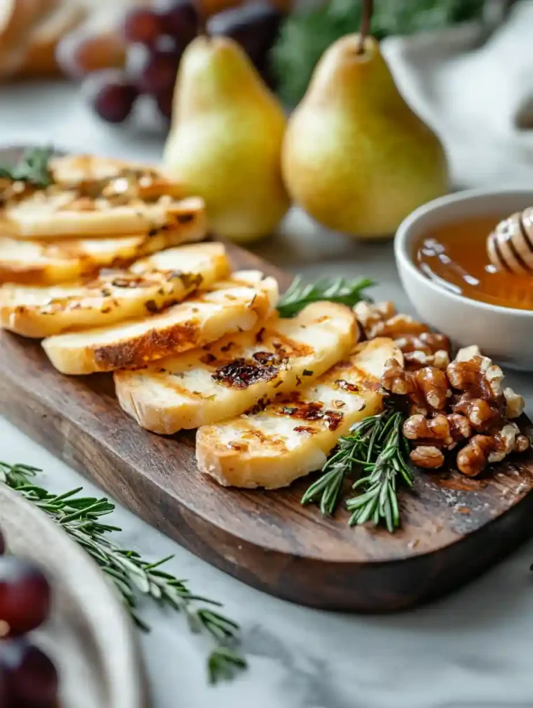 Ultimate Grilled Bread Cheese Guide Recipes & Buying Tips 4 Grilled bread cheese slices garnished with herbs and fruits on a wooden board on marble countertop