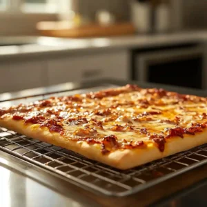 Freshly baked breakfast pizza with golden crust and melted cheese on a cooling rack.