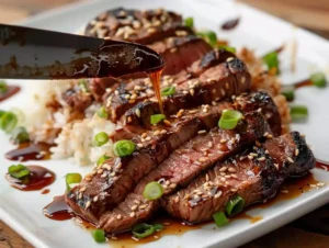 Sliced teriyaki beef steak arranged on plate with rice, drizzled with sauce and garnished for teriyaki beef steak recipe
