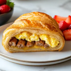 Breakfast Croissant Recipe Easy Brunch Ideas & Bakes 7 Breakfast croissant recipe ingredients including croissants, eggs, butter, cheese, and sausage displayed on a marble countertop.