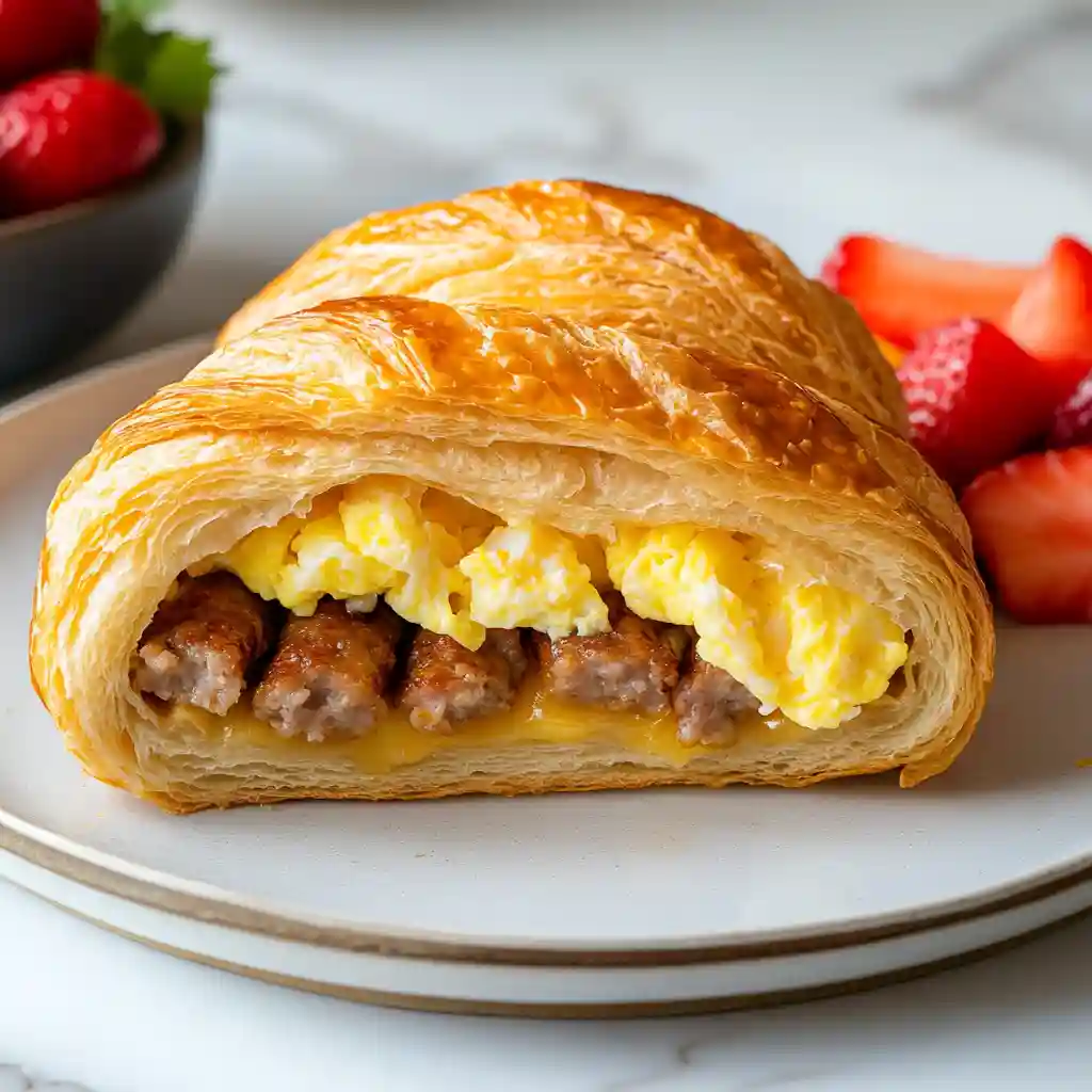 Breakfast Croissant Recipe Easy Brunch Ideas & Bakes 3 Breakfast croissant recipe ingredients including croissants, eggs, butter, cheese, and sausage displayed on a marble countertop.