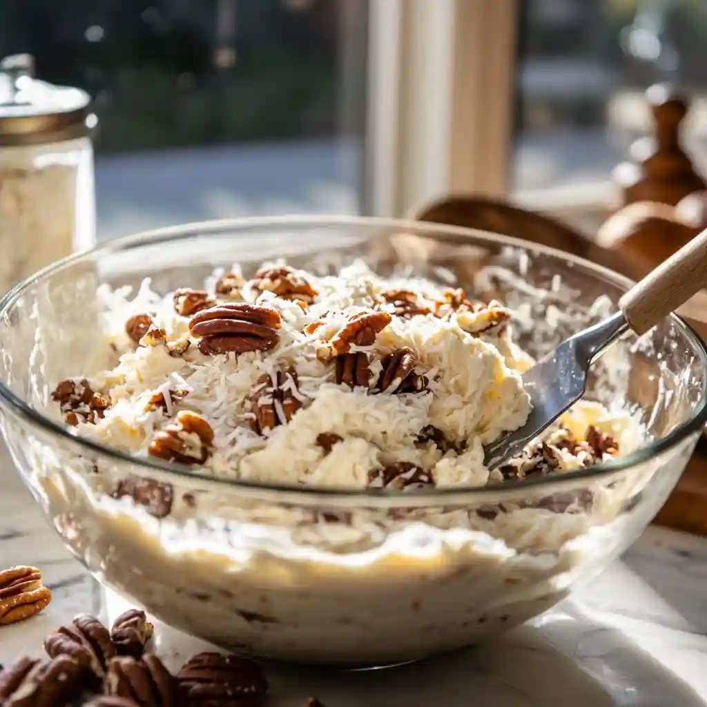 Best Italian Cream Cake You’ll Ever Bake 4 Folding chopped pecans and shredded coconut into Italian Cream Cake batter in a glass mixing bowl.