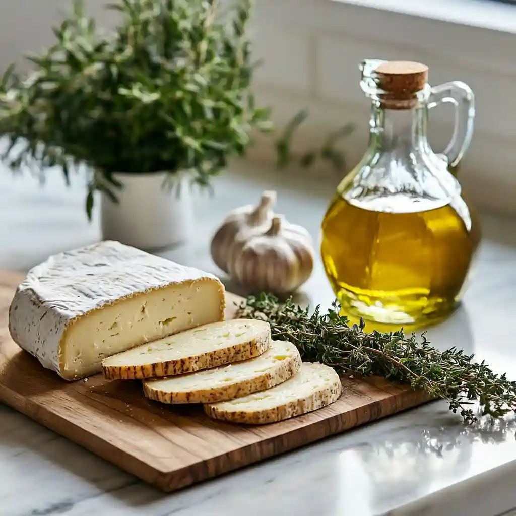 Ultimate Grilled Bread Cheese Guide Recipes & Buying Tips 2 Sliced Grilled bread cheese, olive oil, fresh rosemary, thyme, garlic cloves, and knife on marble countertop