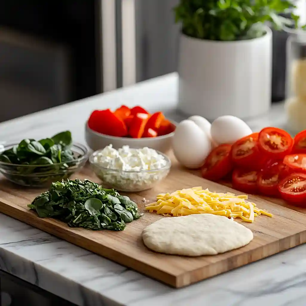 Healthy Breakfast Pizza for Schools Easy & Delicious Recipe 2 Fresh ingredients for breakfast pizza for schools including dough, eggs, vegetables, and cheese on a modern kitchen counter.