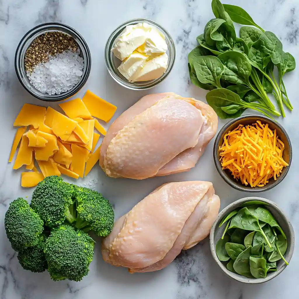 Broccoli Stuffed Chicken That Will Blow Your Mind 2 Ingredients for broccoli stuffed chicken: chicken breasts, broccoli, cheddar cheese, spinach, garlic, and seasonings on a marble table.