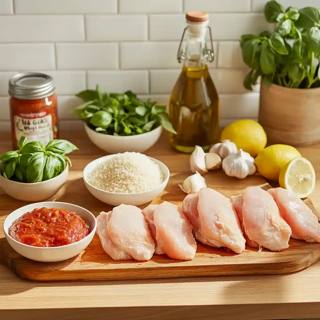 Best Chicken Parmesan Recipe–Easy, Classic & Baked Options 2 Fresh raw chicken, cheeses, breadcrumbs, marinara sauce, herbs, and olive oil on wooden counter for Chicken Parmesan Recipe