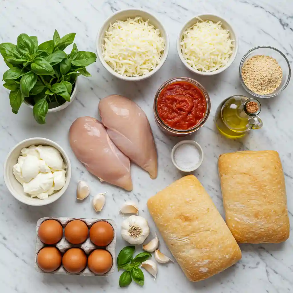Best Chicken Parmesan Sandwich Recipe at Home 2 Top-down view of raw chicken, mozzarella, parmesan, marinara sauce, eggs, breadcrumbs, olive oil, basil, garlic, and ciabatta on a marble kitchen counter.