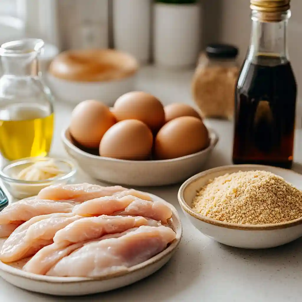 Chinese Chicken Fingers: The Ultimate Crispy Asian Chicken Recipe You’ll Love 2 Fresh chicken strips, panko, soy sauce, garlic, ginger, eggs, and sesame oil on a modern kitchen countertop, to prepare crispy Chinese chicken fingers