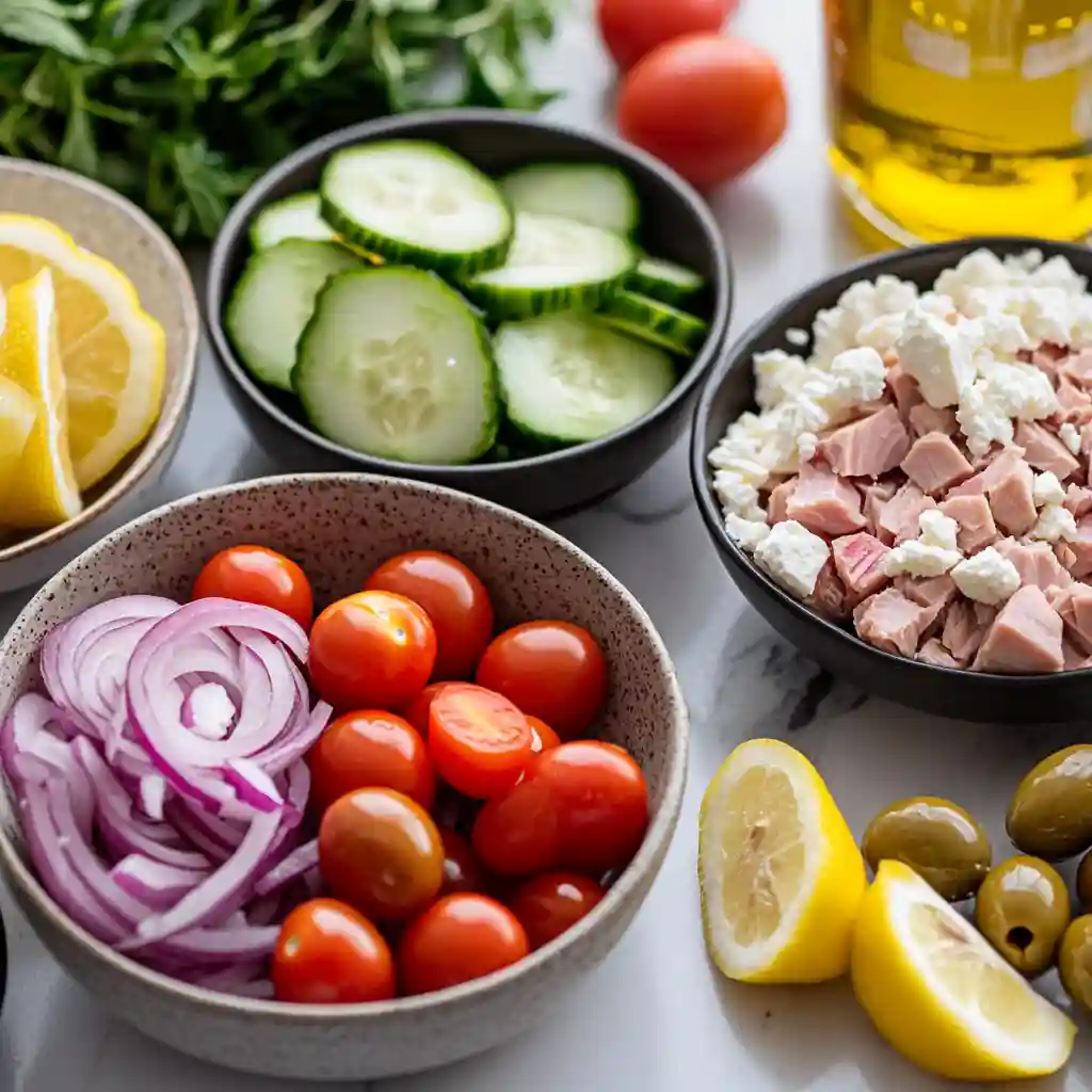 Easy Mediterranean Tuna Salad Recipe: Fresh & Healthy! 2 Fresh ingredients for Mediterranean tuna salad recipe: tuna, cucumbers, tomatoes, olives, feta, and lemon on a kitchen countertop.