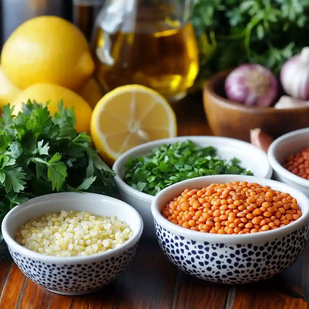 Middle Eastern Lentil Soup Easy, Healthy & Delicious Recipe 2 Close-up of fresh ingredients for Middle Eastern lentil soup on a wooden countertop, including lentils, lemon, garlic, onions, parsley, spices, and olive oil.
