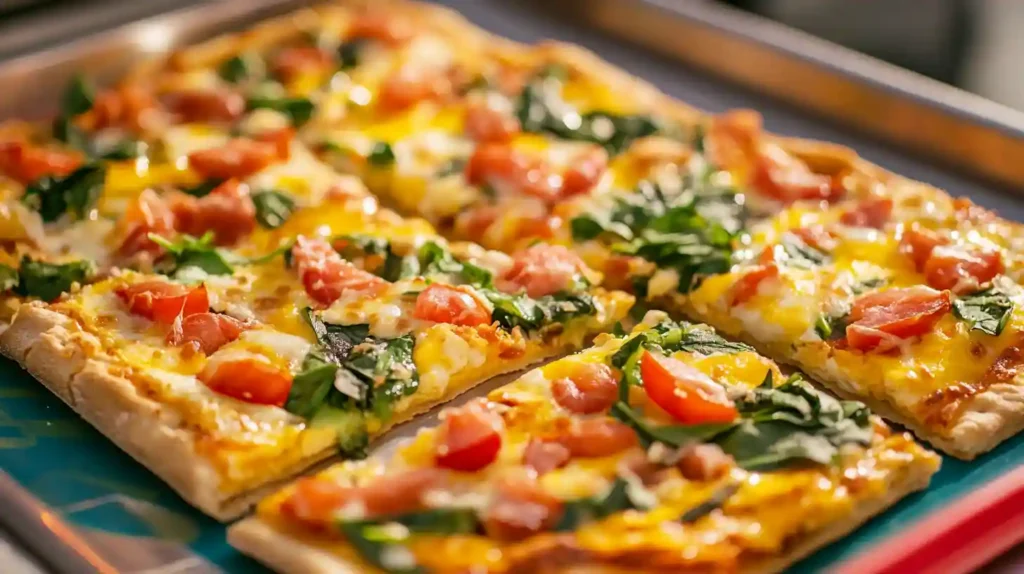 A realistic breakfast pizza for schools with eggs, cheese, and vegetables served on a colorful tray.