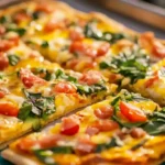 A realistic breakfast pizza for schools with eggs, cheese, and vegetables served on a colorful tray.