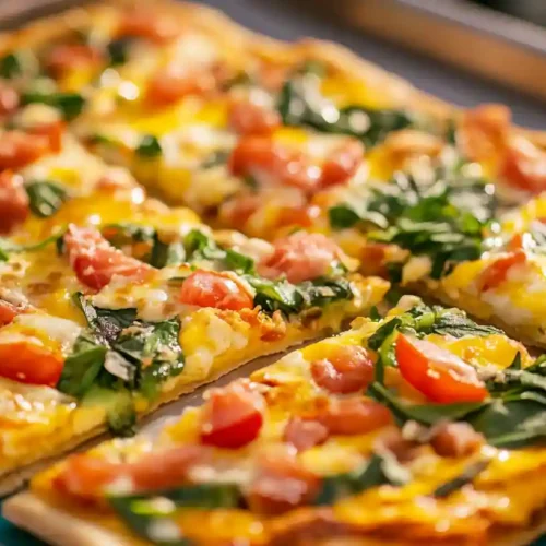 Healthy Breakfast Pizza for Schools Easy & Delicious Recipe 4 A realistic breakfast pizza for schools with eggs, cheese, and vegetables served on a colorful tray.