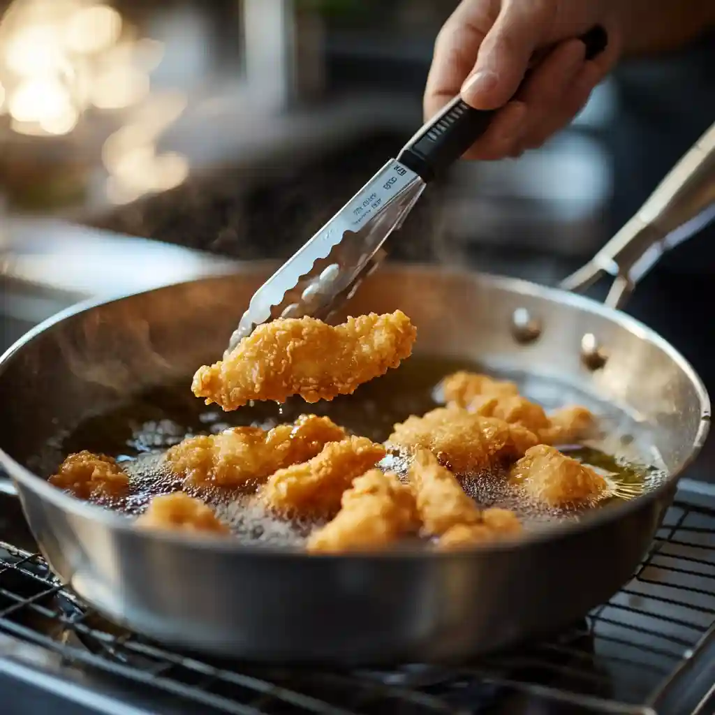 Chinese Chicken Fingers: The Ultimate Crispy Asian Chicken Recipe You’ll Love 5 Golden chicken fingers frying in hot oil, hand using tongs, cooking thermometer visible in modern kitchen