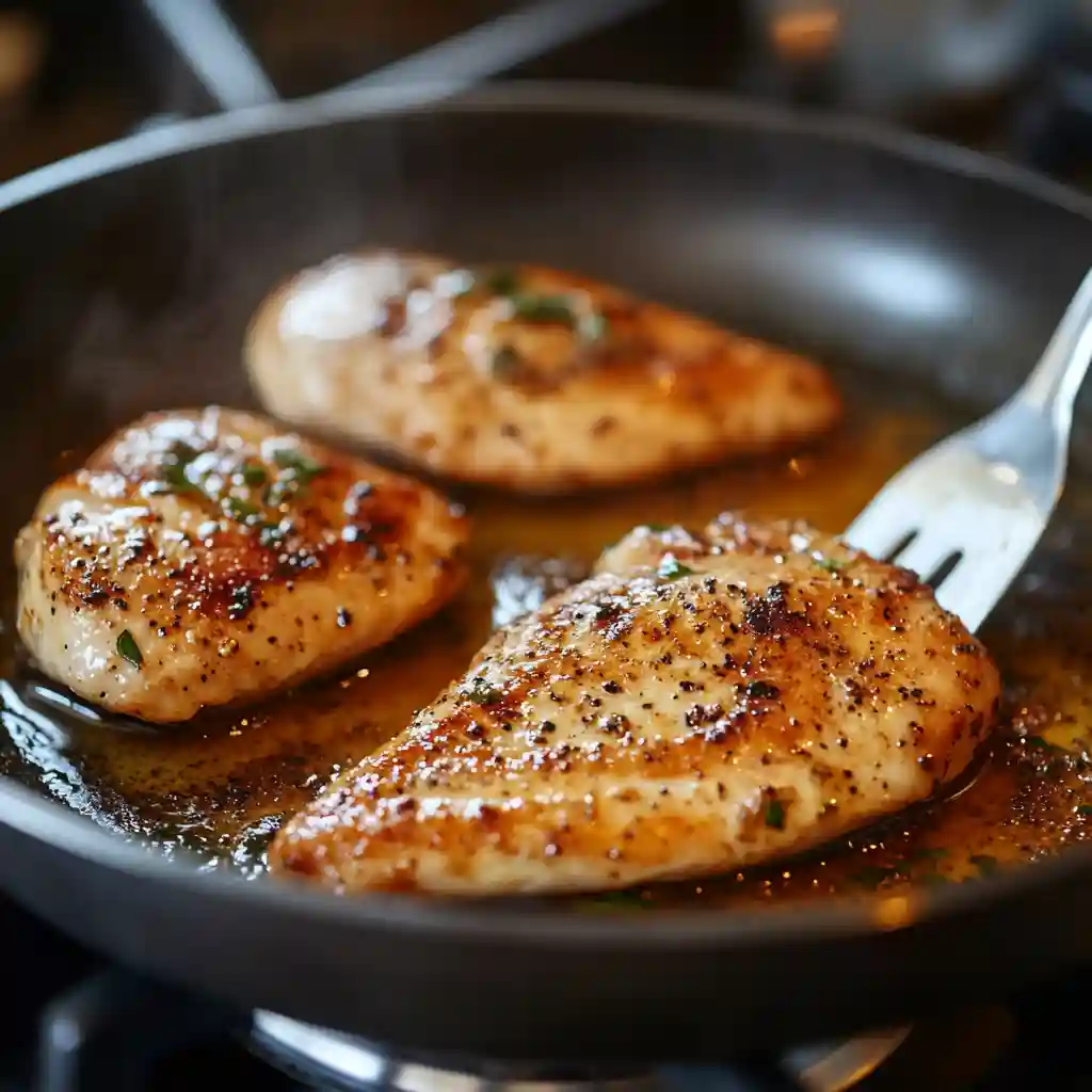 Best Chicken Parmesan Recipe–Easy, Classic & Baked Options 4 Chicken breasts frying to golden brown in olive oil in skillet for Chicken Parmesan Recipe.