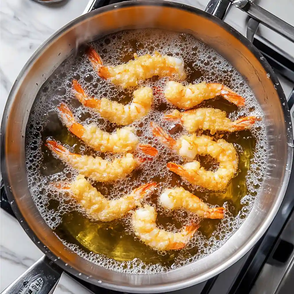 Rock Shrimp Tempura Recipe Easy & Crispy Nobu Style 5 Rock shrimp being fried in hot oil for tempura in a modern kitchen.