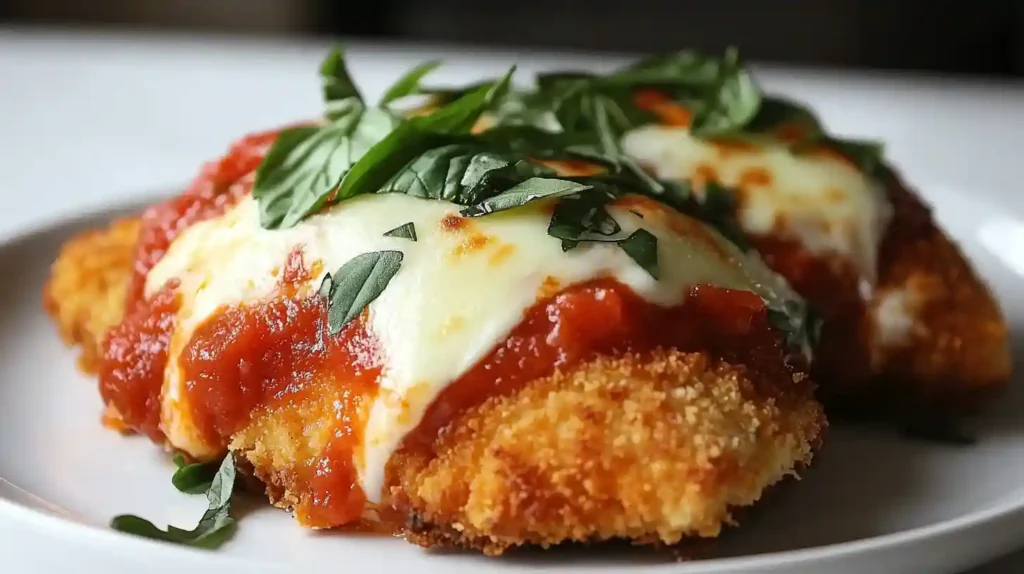 Close-up of crispy chicken parmesan recipe with melted cheese and marinara sauce on white plate in a modern kitchen.