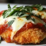 Close-up of crispy chicken parmesan recipe with melted cheese and marinara sauce on white plate in a modern kitchen.