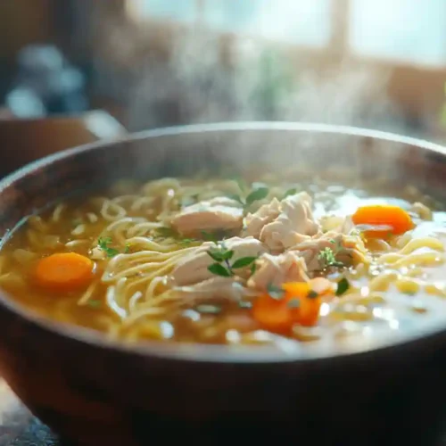 Grandma Chicken Soup A Timeless Classic for Every Kitchen 7 A steaming bowl of Grandma chicken soup with noodles, carrots, and herbs on a wooden table.
