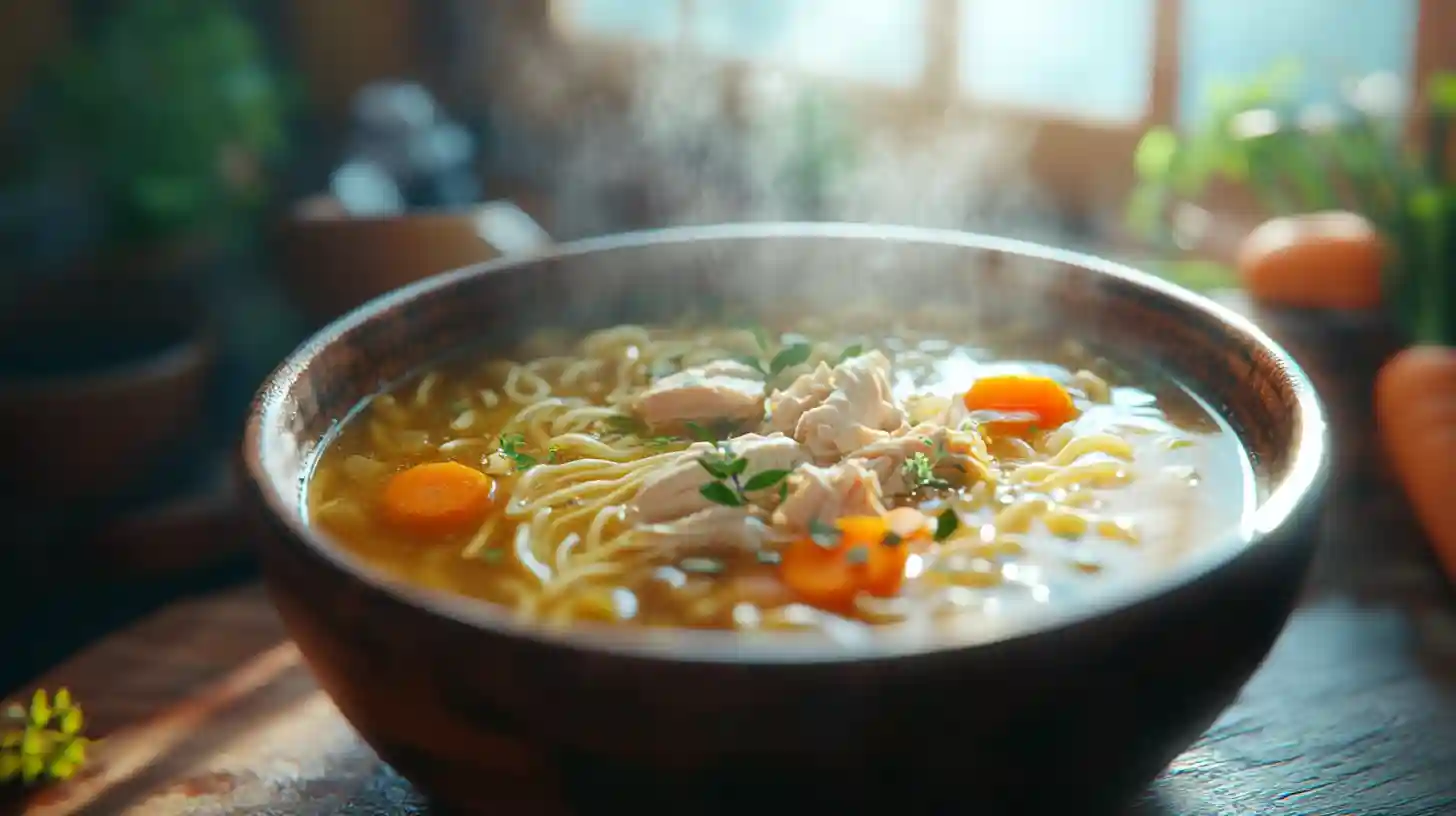 A steaming bowl of Grandma chicken soup with noodles, carrots, and herbs on a wooden table.