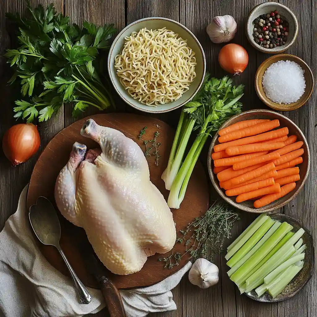 Grandma Chicken Soup A Timeless Classic for Every Kitchen 2 Ingredients for Grandma Chicken Soup laid out on a rustic wooden table with fresh chicken, vegetables, herbs, and noodles.