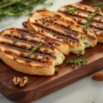 golden Grilled bread cheese slices garnished with fresh herbs, nuts, and seasonal fruits on a marble surface