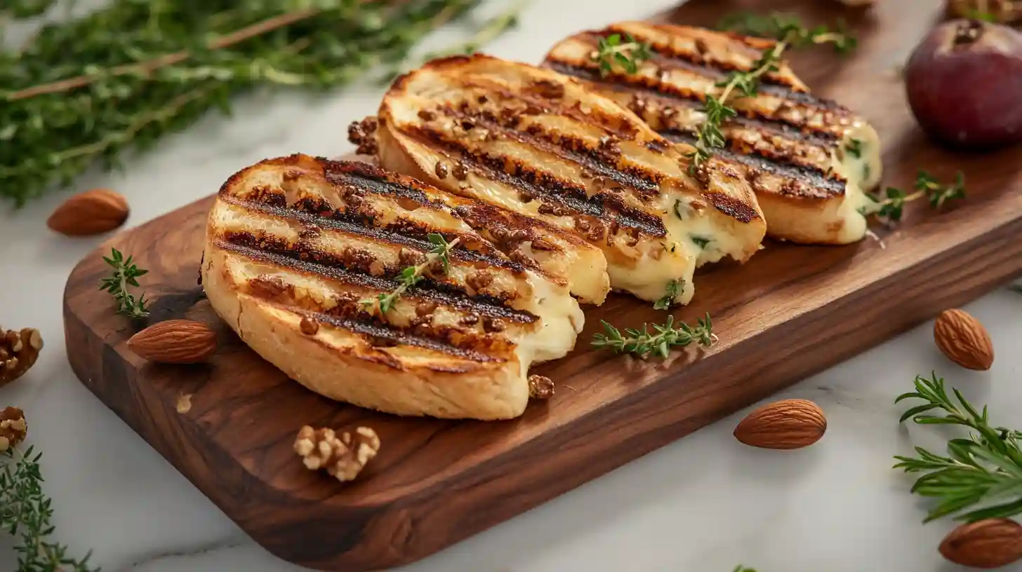 golden Grilled bread cheese slices garnished with fresh herbs, nuts, and seasonal fruits on a marble surface