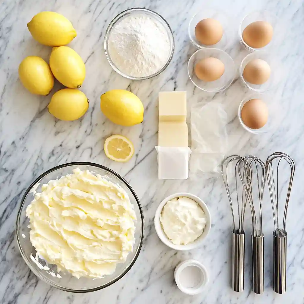 Best Italian Lemon Cream Cake Traditional Recipe 2 Ingredients and baking tools laid out for Italian Lemon Cream Cake preparation