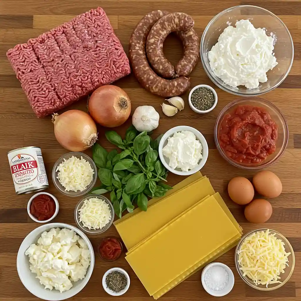 6 Steps to Classic American Beauty Lasagna Everyone Will Love 2 Flat lay of all fresh ingredients needed for American Beauty Lasagna arranged neatly on a wooden countertop.