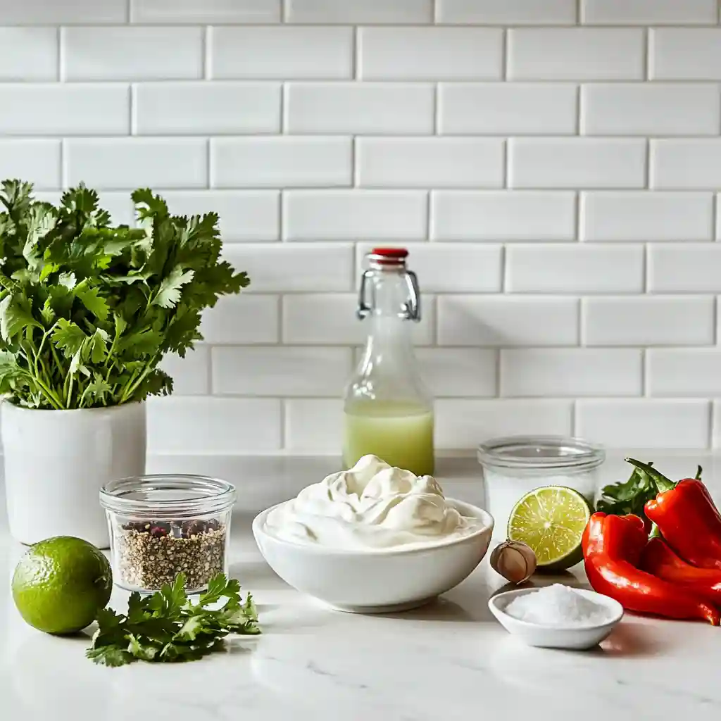 Best Breakfast Burrito Sauce Recipe for Flavorful Mornings 2 Ingredients for making breakfast burrito sauce arranged in a modern kitchen: sour cream, chipotle peppers, lime, garlic, cilantro, and seasoning.