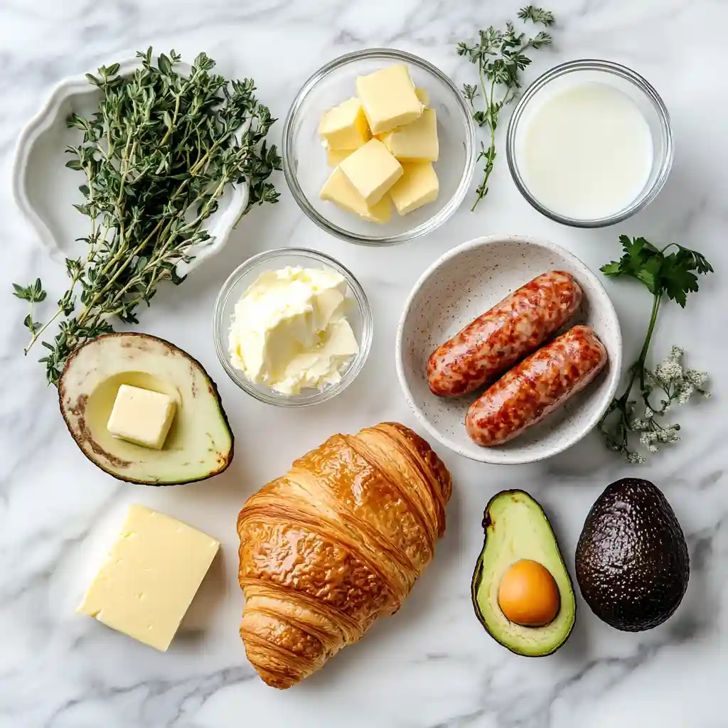 Breakfast Croissant Recipe Easy Brunch Ideas & Bakes 2 Breakfast croissant recipe ingredients including croissants, eggs, butter, cheese, and sausage displayed on a marble countertop.