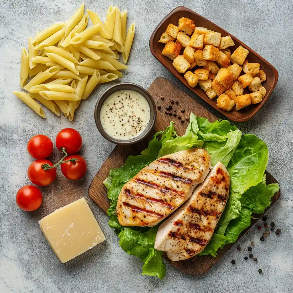 Easy & Best Chicken Caesar Salad Pasta Recipe 2 Fresh ingredients laid out for Chicken Caesar Salad Pasta recipe