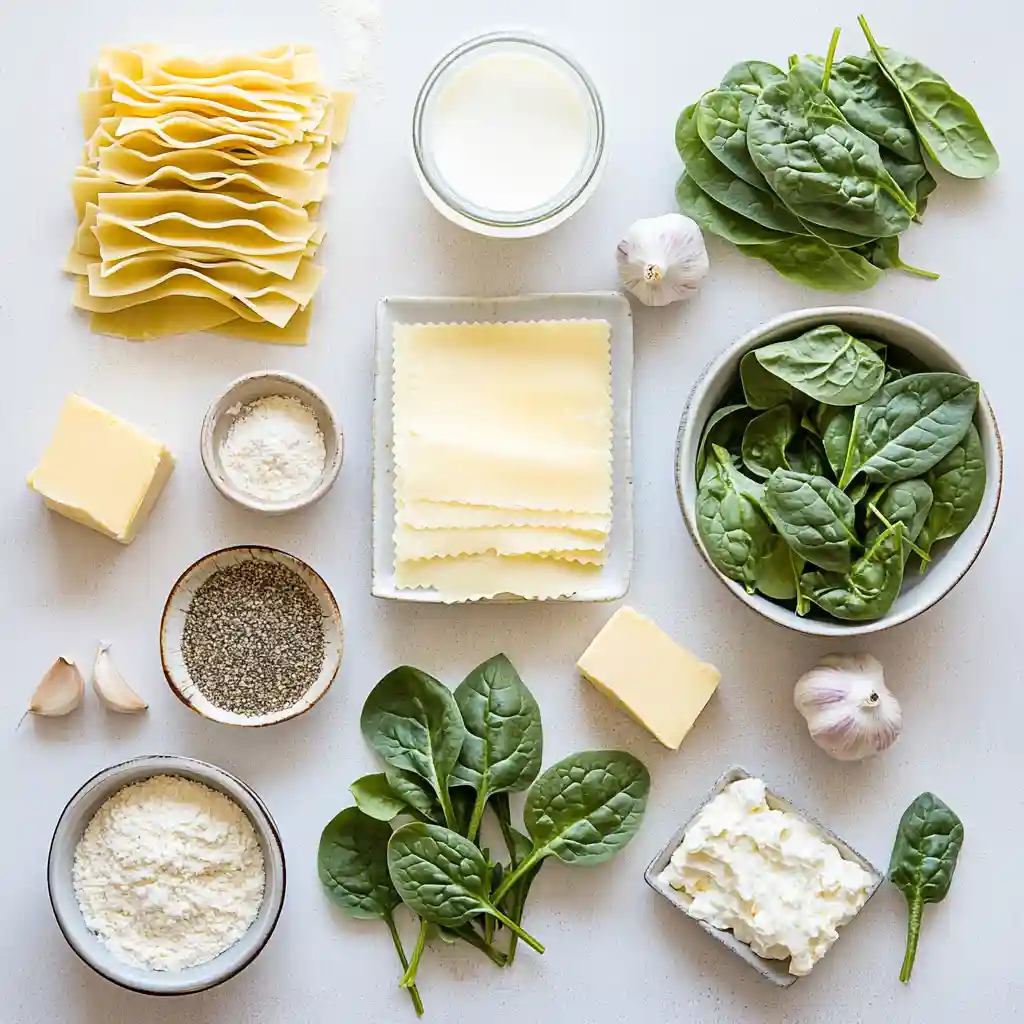 The Best Lasagna with Bechamel Sauce and Spinach 2 Ingredients for lasagna with béchamel sauce and spinach arranged on a countertop