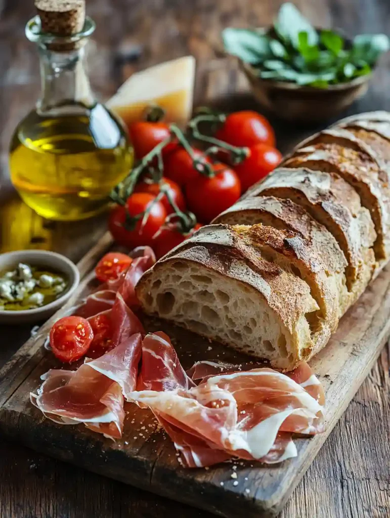 the perfect Italian Supermarket Bread 3 Crusty Italian Supermarket bread served with olive oil, prosciutto, and cheese.