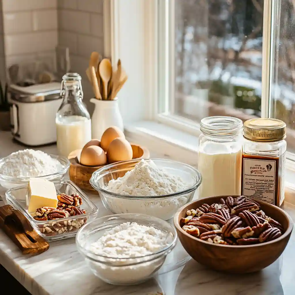 Best Italian Cream Cake You’ll Ever Bake 2 Ingredients for Italian Cream Cake arranged on a kitchen counter, including flour, sugar, pecans, coconut, butter, cream cheese, eggs, and extracts.