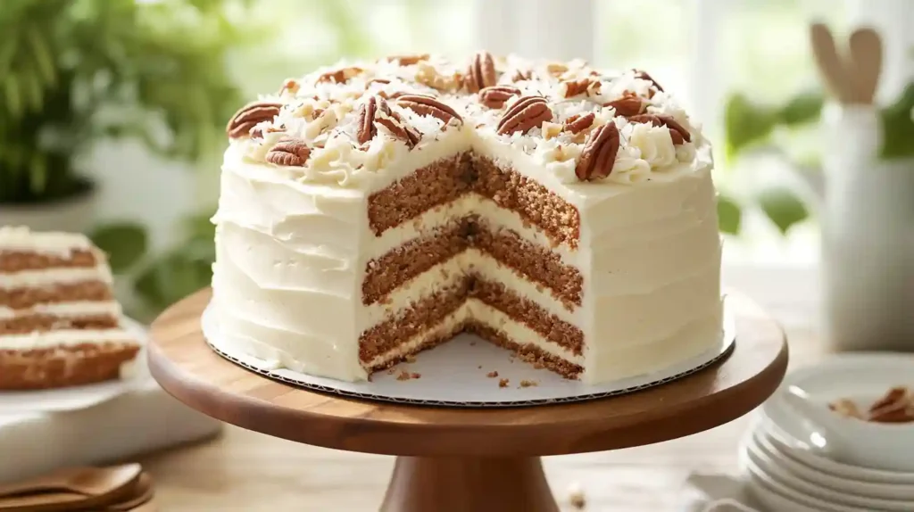 four-layer Italian Cream Cake with cream cheese frosting and pecans on a wooden stand, with one slice on a plate in a bright kitchen.