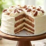 four-layer Italian Cream Cake with cream cheese frosting and pecans on a wooden stand, with one slice on a plate in a bright kitchen.