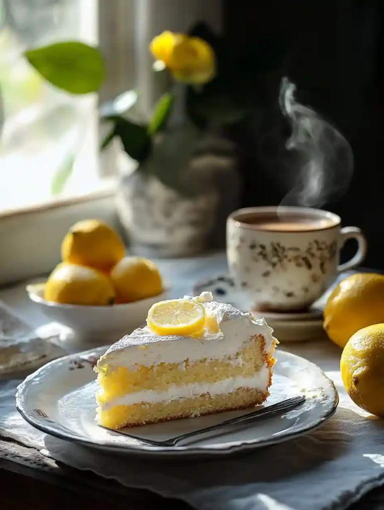 Best Italian Lemon Cream Cake Traditional Recipe 4 Slice of Italian Lemon Cream Cake with espresso and lemons on a kitchen table