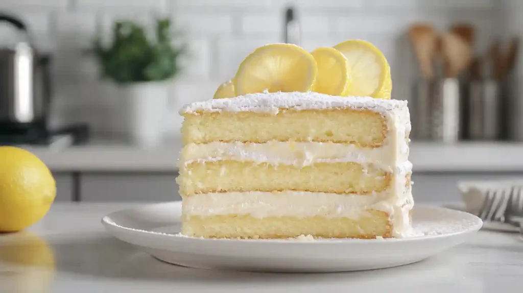 Close-up of Italian Lemon Cream Cake with lemon slices on a white plate in a modern kitchen