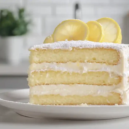Best Italian Lemon Cream Cake Traditional Recipe 5 Close-up of Italian Lemon Cream Cake with lemon slices on a white plate in a modern kitchen
