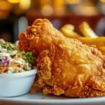 A plate of Kennedy Fried Chicken Halal, crispy on the outside and juicy on the inside, served with fries and coleslaw.