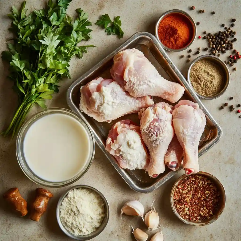 Kennedy Fried Chicken Halal Surprisingly Amazing! 2 Kennedy Fried Chicken Halal drumsticks, buttermilk, flour, and spices arranged neatly on a kitchen counter ready for cooking.