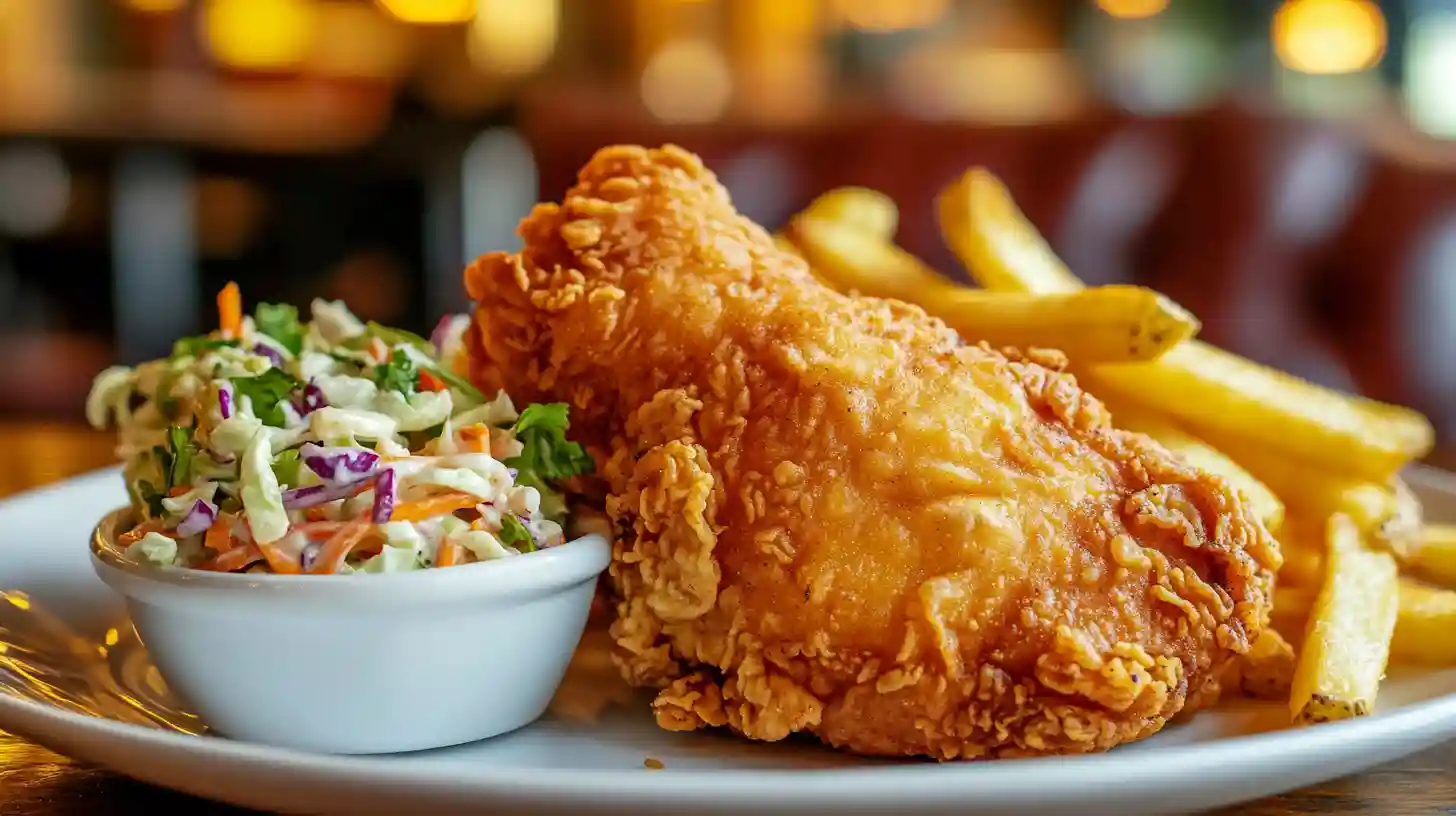 A plate of Kennedy Fried Chicken Halal, crispy on the outside and juicy on the inside, served with fries and coleslaw.